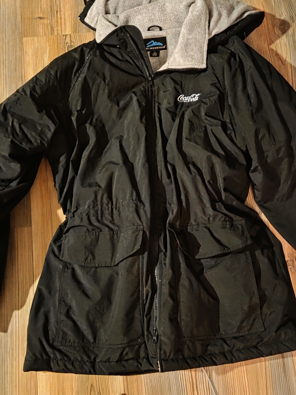 Coca Cola Black Jacket with Light Gray Sherpa Lining and Removable Hood
